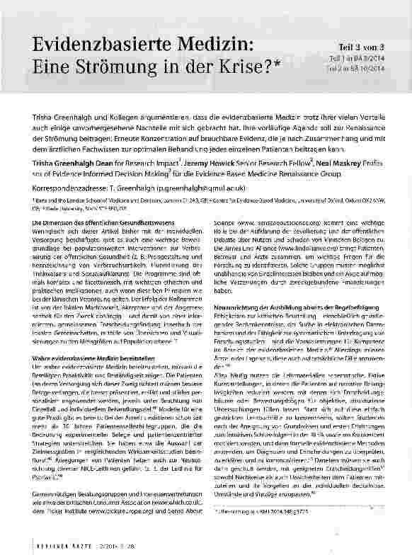 Vorschauseite 1: Evidenzbasierte Medizin: Eine Strömung in der Krise?