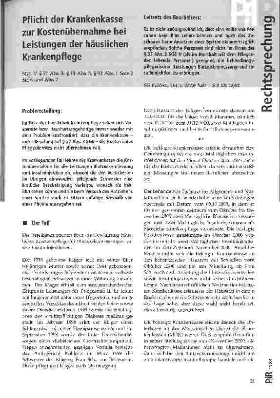 Vorschauseite 1: Pflicht der Krankenkasse zur Kostenübernahme bei Leistungen der häuslichen Krankenpflege SG Koblenz, Urt. v. 27.06.2002