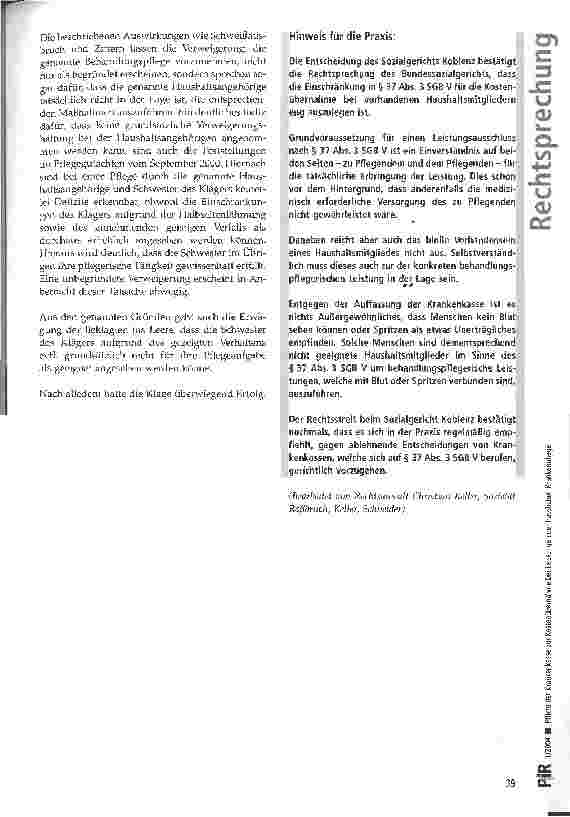 Vorschauseite 5: Pflicht der Krankenkasse zur Kostenübernahme bei Leistungen der häuslichen Krankenpflege SG Koblenz, Urt. v. 27.06.2002