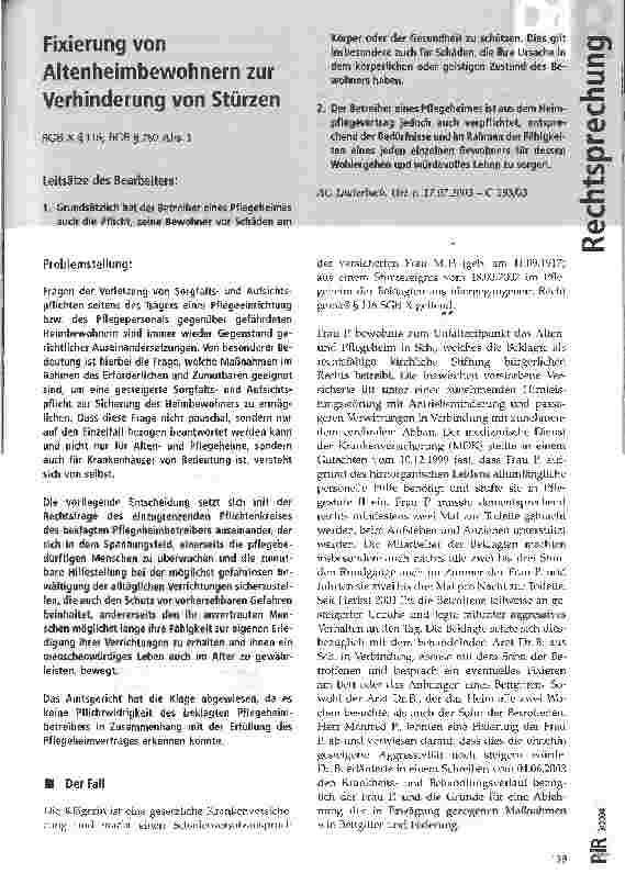 Vorschauseite 1: Fixierung von Altenheimbewohnern zur Verhinderung von Stürzen AG Lauterbach, Urteil vom 17.07.2003