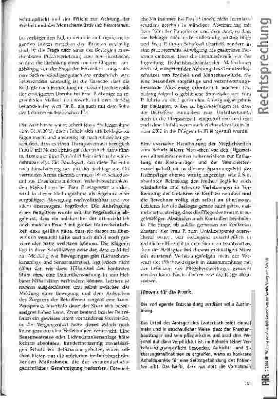 Vorschauseite 3: Fixierung von Altenheimbewohnern zur Verhinderung von Stürzen AG Lauterbach, Urteil vom 17.07.2003