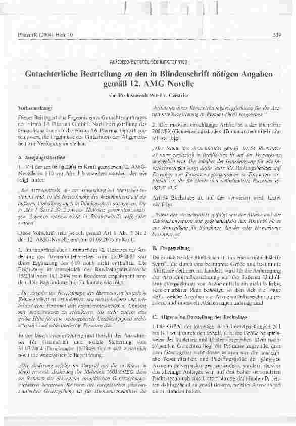 Vorschauseite 1: Gutachterliche Beurteilung zu den in Blindenschrift nötigen Angaben gemäß 12. AMG Novelle