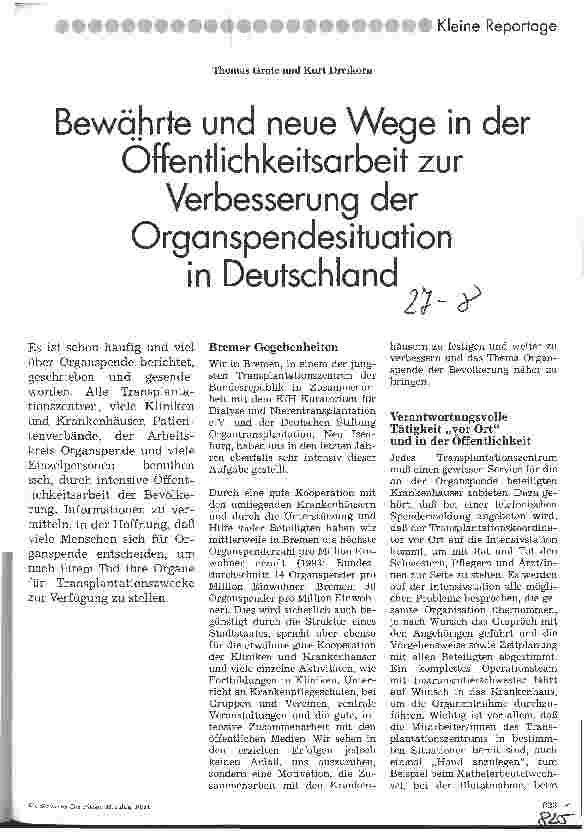 Vorschauseite 1: Bewährte und neue Wege in der Öffentlichektsarbeit zur Verbesserung der Organspendesituation in Deutschland
