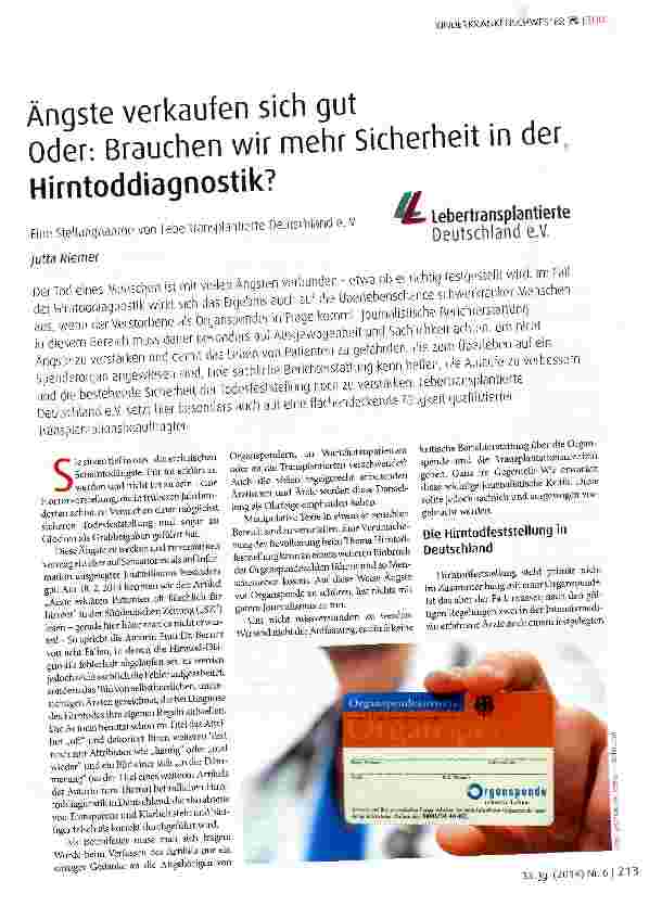 Vorschauseite 1: Ängste verkaufen sich gut Oder: Brauchen wir mehr Sicherheit in der Hirntoddiagnostik?
