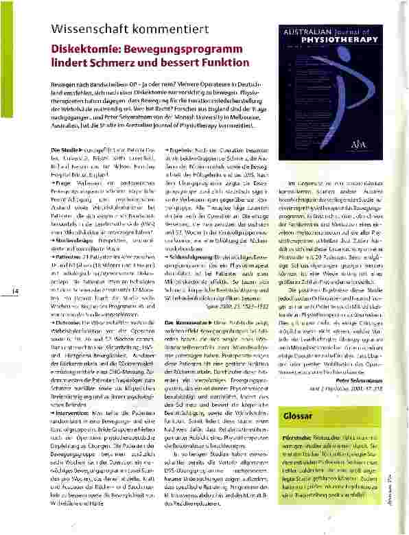 Vorschauseite 1: Wissenschaft kommentiertDiskektomie: Bewegungsprogramm lindert Schmerz und bessert Funktion