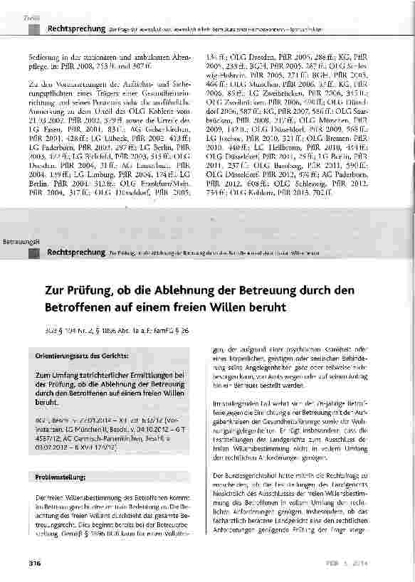 Vorschauseite 1: Zur Prüfung, ob die Ablehnung der Betreuung durch den Betroffenen auf einem freien Willen beruht BGB § 104 Nr. 2, § 1896 Abs. 1a a. F.; FamFC § 26