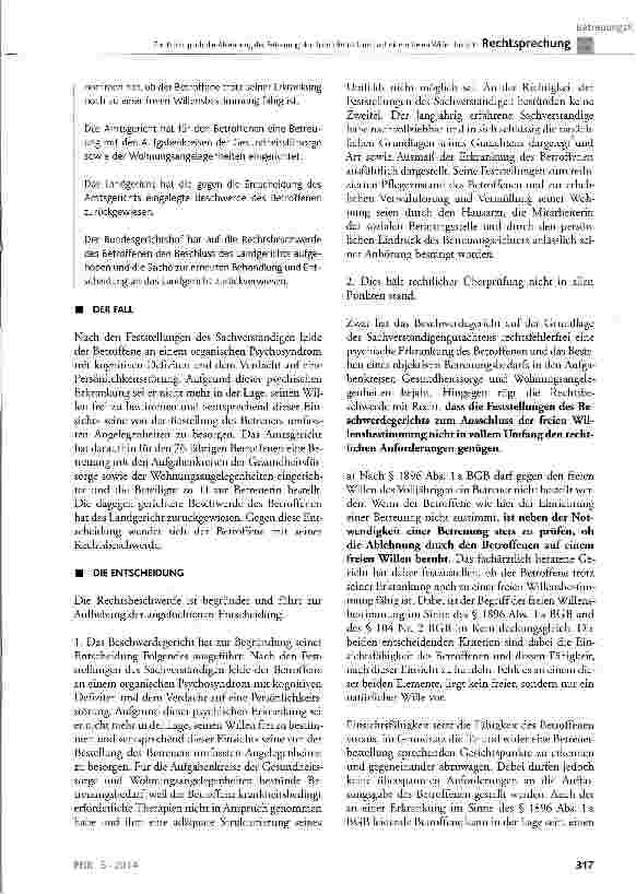 Vorschauseite 2: Zur Prüfung, ob die Ablehnung der Betreuung durch den Betroffenen auf einem freien Willen beruht BGB § 104 Nr. 2, § 1896 Abs. 1a a. F.; FamFC § 26