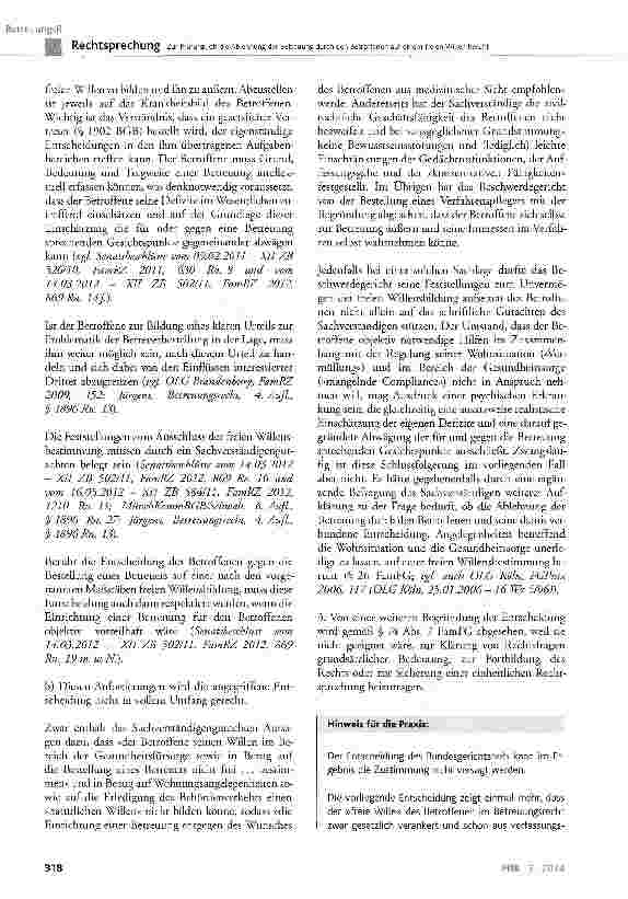 Vorschauseite 3: Zur Prüfung, ob die Ablehnung der Betreuung durch den Betroffenen auf einem freien Willen beruht BGB § 104 Nr. 2, § 1896 Abs. 1a a. F.; FamFC § 26
