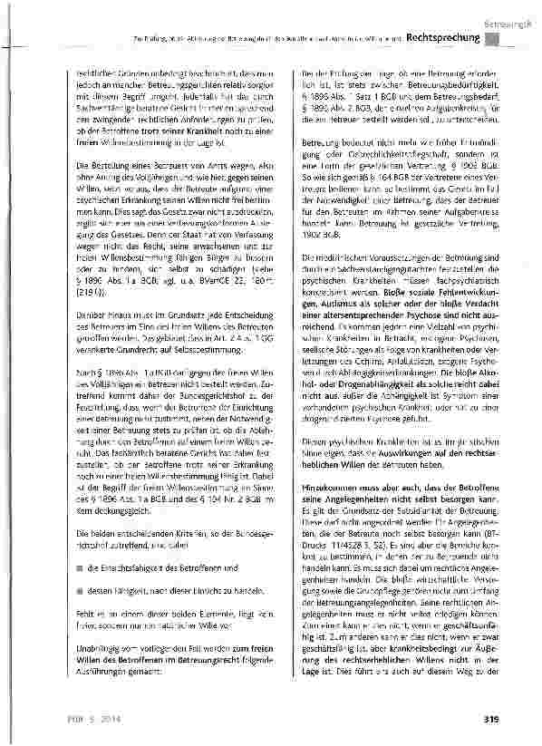 Vorschauseite 4: Zur Prüfung, ob die Ablehnung der Betreuung durch den Betroffenen auf einem freien Willen beruht BGB § 104 Nr. 2, § 1896 Abs. 1a a. F.; FamFC § 26