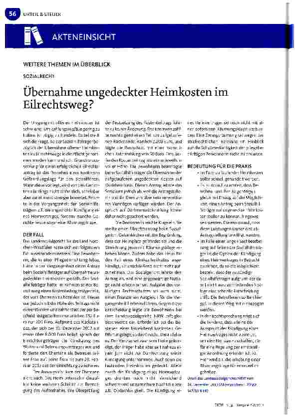 Vorschauseite 1: Übernahme ungedeckter Heimkosten im Eilrechtsweg?
