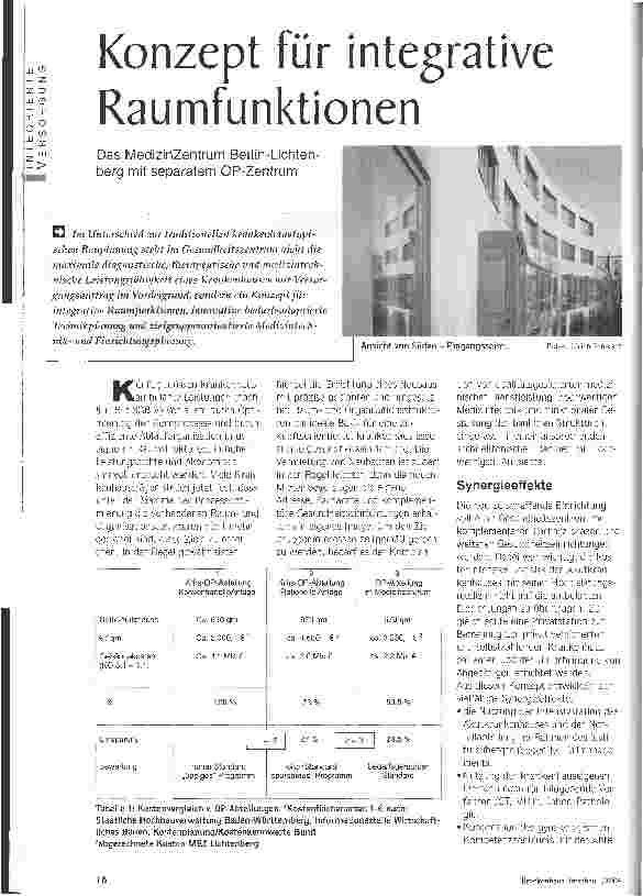 Vorschauseite 1: Konzept für integrative Raumfunktionen Das MedizinZentrum Berlin-Lichtenberg mit separatem OP-Zentrum