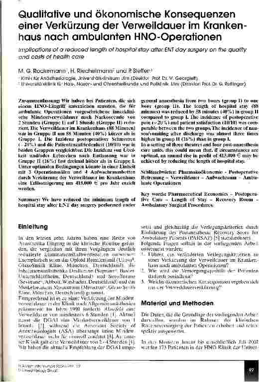 Vorschauseite 1: Qualitative und ökonomische Konsequenzen einer Verkürzung der Verweildauer im Krankenhaus nach ambulanten HNO-Operationen