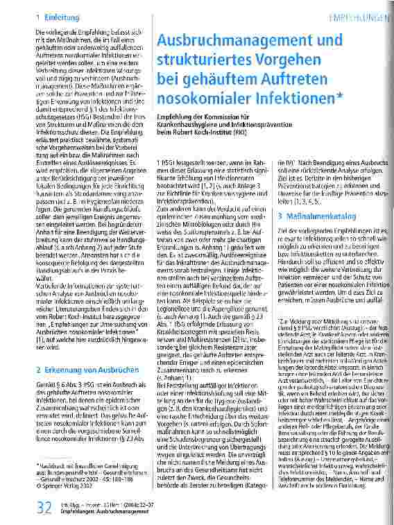 Vorschauseite 1: Ausbruchmanagement und strukturiertes Vorgehen bei gehäuftem Auftreten nosokomialer Infektionen Empfehlung der Kommission für Krankenhaushygiene und Infektionsprävention beim Robe…