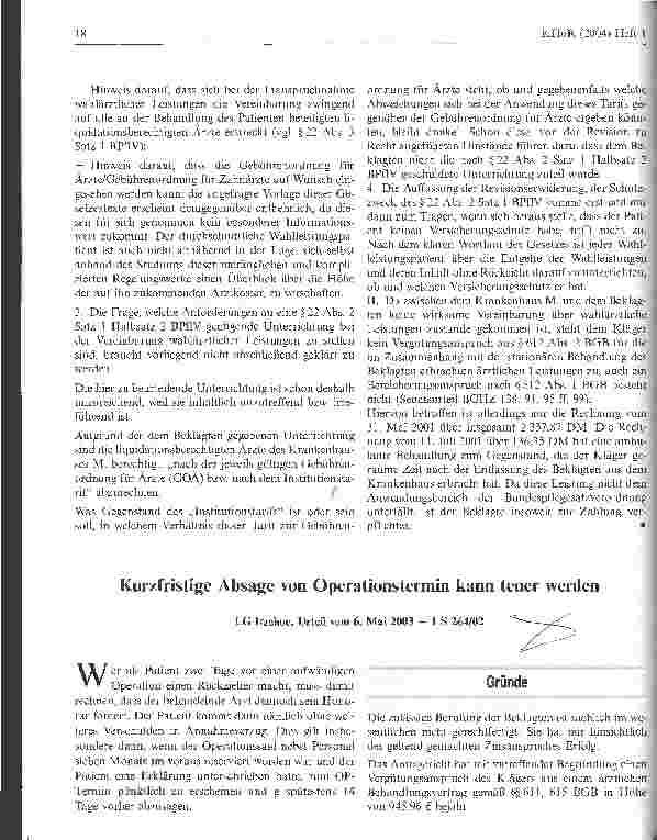 Vorschauseite 1: Kurzfristige Absage von Operationstermin kann teuer werden