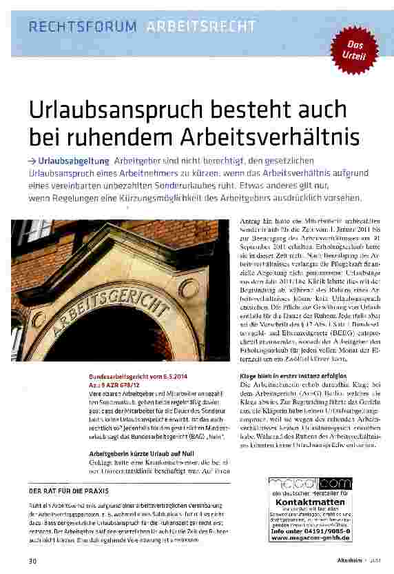 Vorschauseite 1: Urlaubsanspruch besteht auch bei ruhendem Arbeitsverhältnis