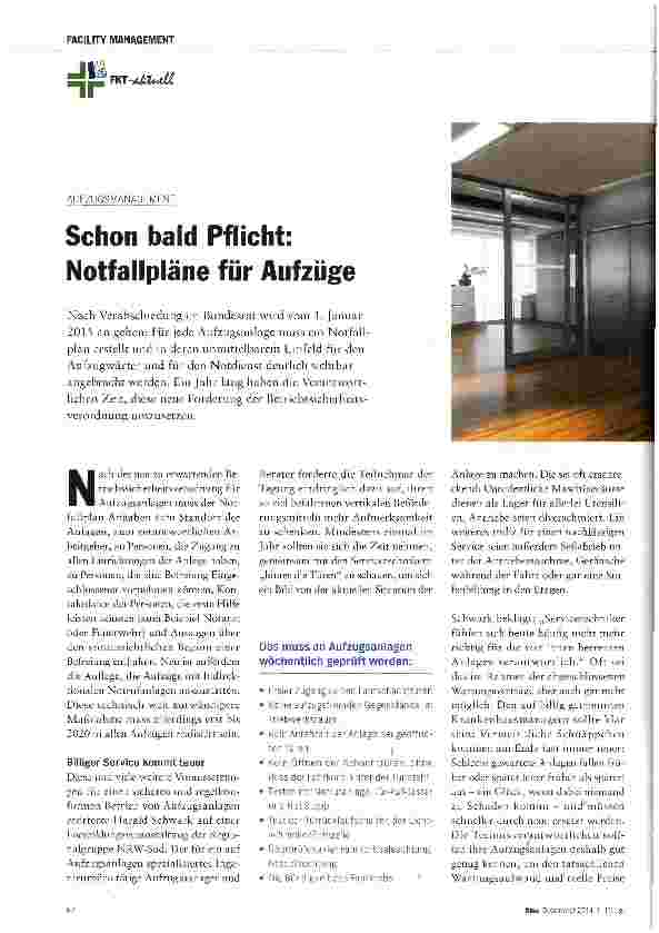Vorschauseite 1: Schon bald Pflicht: Notfallpläne für Aufzüge