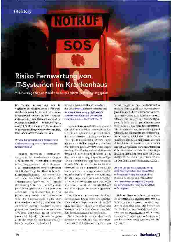 Vorschauseite 1: Risiko Fernwartung von IT-Systemen im Krankenhaus