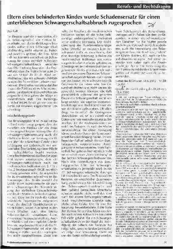 Vorschauseite 1: Eltern eines behinderten Kindes wurde Schadensersatz für einen unterbliegenen Schwangerschaftsabbruch zugesprochen