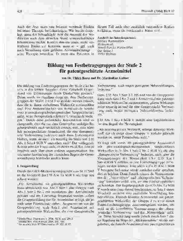 Vorschauseite 1: Bildung von Festbetragsgruppen der Stufe 2 für patentgeschützte Arzneimittel