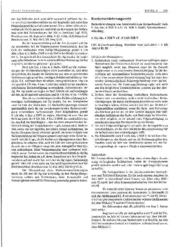 Vorschauseite 1: Krankenversicherungsrecht Nutzenbewertungen von Arzneimitteln im Bestandsmarkt nach § 35a Abs. 6 SGB V a.F.; 14. SGB V-ÄndG; Schiedstellenentscheidung