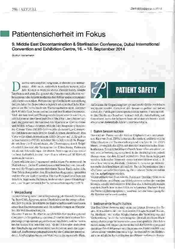 Vorschauseite 1: Patientensicherheit im Fokus 9. Middle East Decontamination & Sterilisation Conference, Dubai International Convention and Exhibition Centre, 16. -18. September 2014