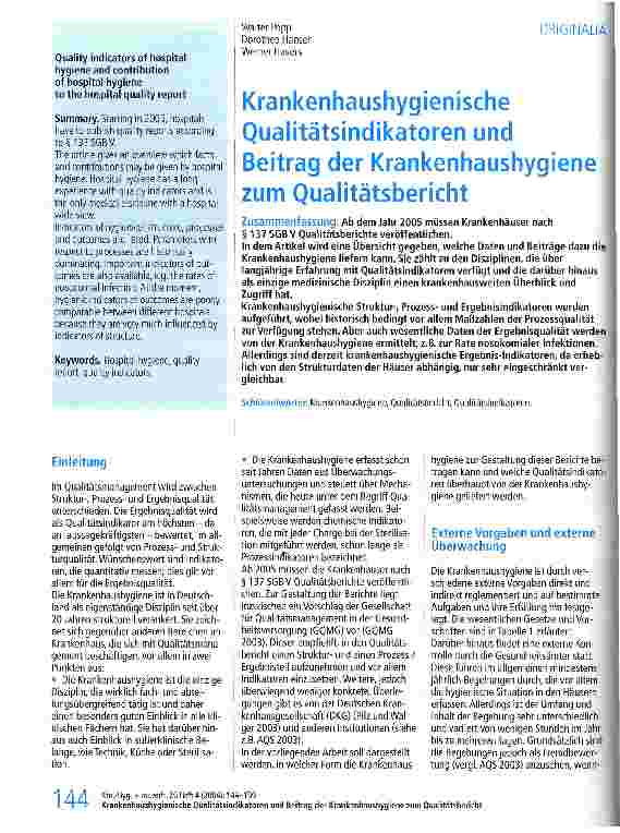 Vorschauseite 1: Krankenhaushygienische Qualitätsindikatoren und Beitrag der Krankenhaushygiene zum Qualitätsbericht