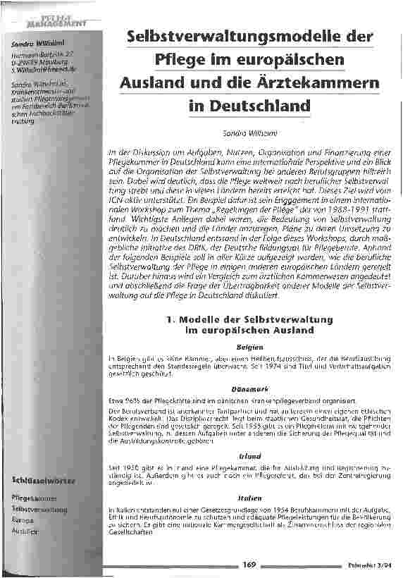 Vorschauseite 1: Selbstverwaltungsmodelle der Pflege im europäischen Ausland und die Ärztekammern in Deutschland