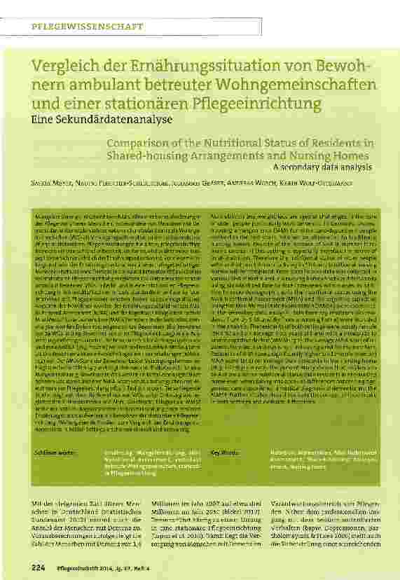 Vorschauseite 1: Vergleich der Ernährungssituation von Bewohnern ambulant betreuter Wohngemeinschaften und einer stationären Pflegeeinrichtung