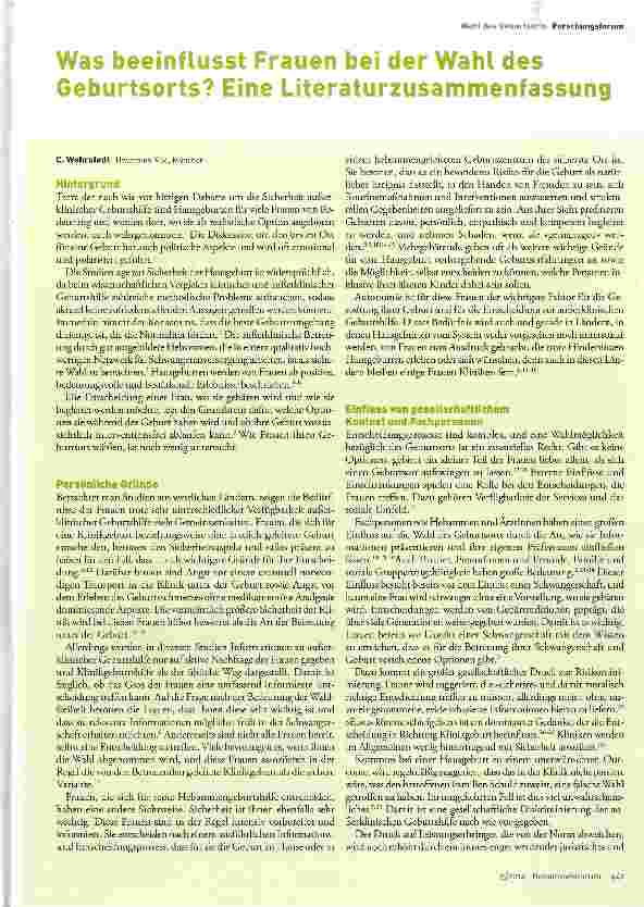 Vorschauseite 1: Was beeinf lusst Frauen bei der Wahl des Geburtsorts? Eine Literaturzusammenfassung