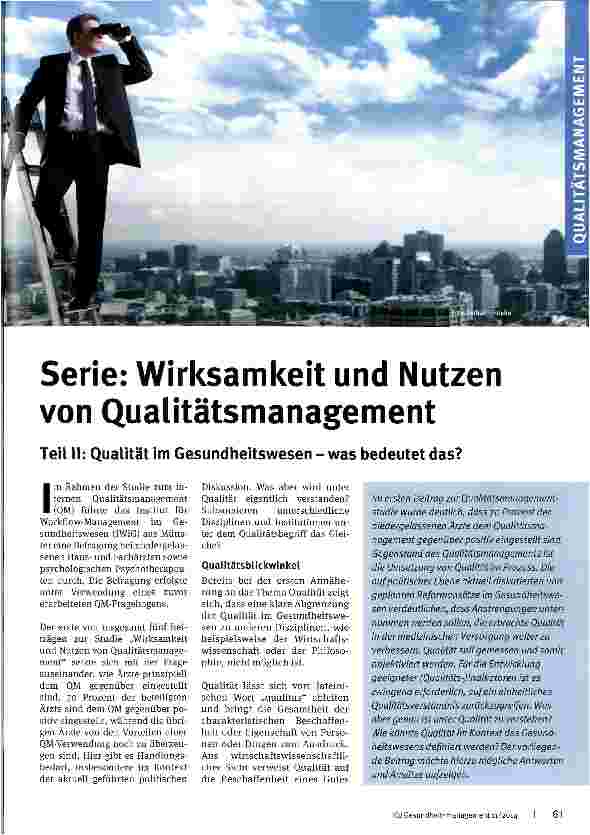Vorschauseite 1: Serie: Wirksamkeit und Nutzen von Qualitätsmanagement Teil II: Qualität im Gesundheitswesen -was bedeutet das?