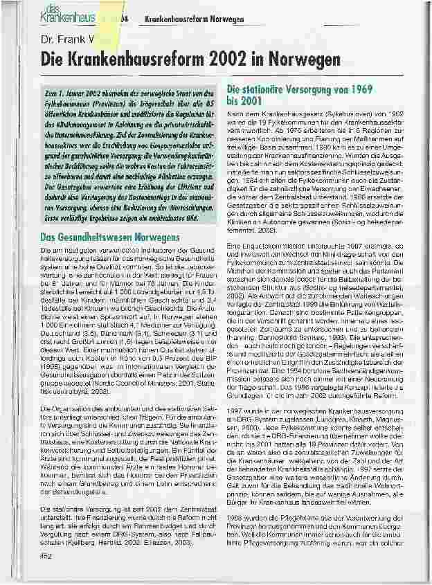 Vorschauseite 1: Die Krankenhausreform 2002 in Norwegen