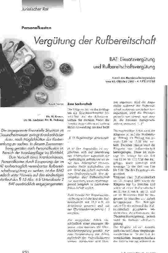Vorschauseite 1: Vergütung der RufbereitschaftBAT: Einsatzvergütung und Rufbereitschaftsvergütung