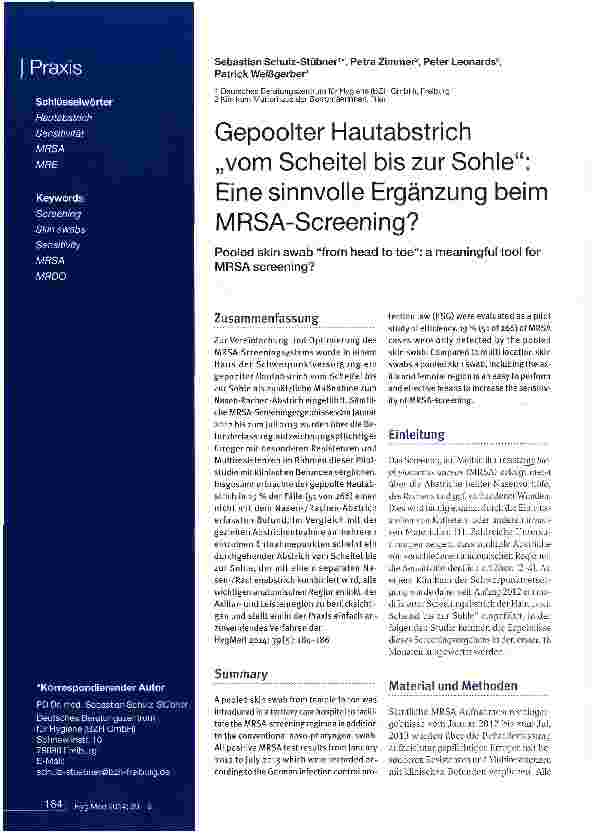 Vorschauseite 1: Gepoolter Hautabstrich „vom Scheitel bis zur Sohle: Eine sinnvolle Ergänzung beim MRSA-Screening?