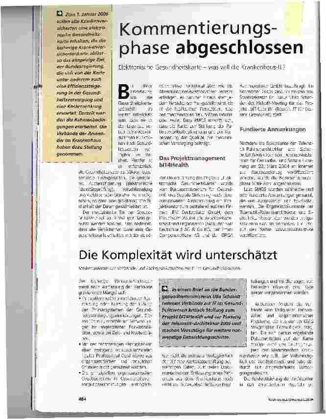 Vorschauseite 1: Kommentierungsphase abgeschlossenElektronische Gesundheitskarte - was will die Krankenhaus -IT?