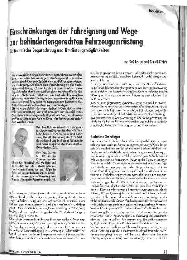 Vorschauseite 1: Einschränkungen der Fahreignung und Wege zur behindertengerechten FahrzeugumrüstungTeil 3: Technische Begutachtung und Umrüstungsmöglichkeiten