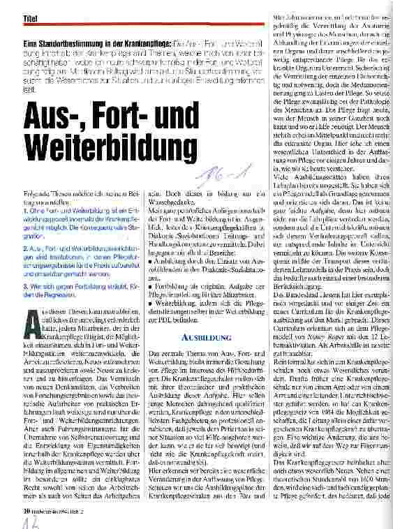 Vorschauseite 1: Aus-, Fortund Weiterbildung Eine Standortbestimmung in der Krankenpflege