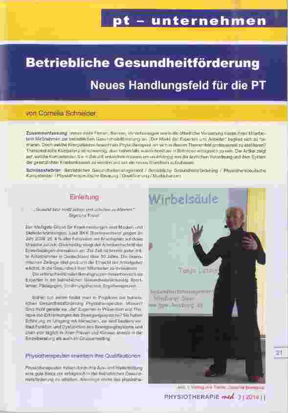 Vorschauseite 1: Betriebliche Gesundheitförderung Neues Handlungsfeld für die PT