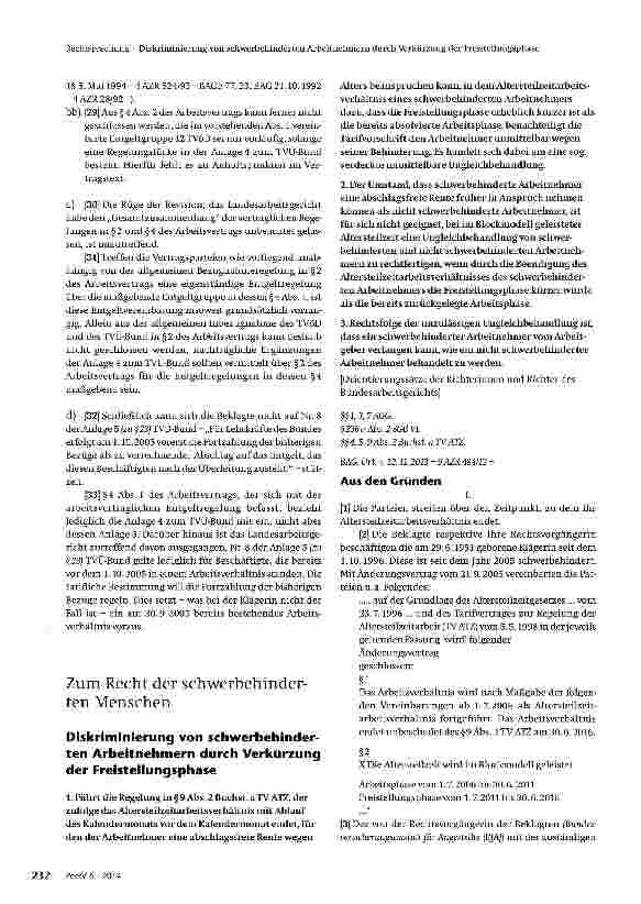 Vorschauseite 1: Diskriminierung von schwerbehinder-ten Arbeitnehmern durch Verkürzung der FreistelKungsphase