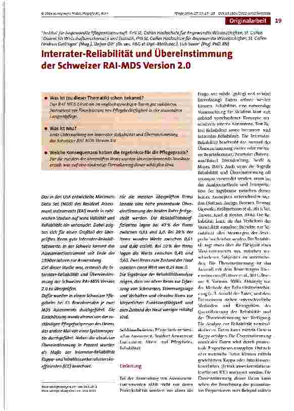 Vorschauseite 1: Interrater-Reliabilität und Übereinstimmung der Schweizer RAI-MDS Version 2.0