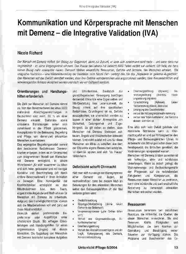 Vorschauseite 1: Kommunikation und Körpersprache mit Menschen mit Demenz - die Integrative Validation (IVA)