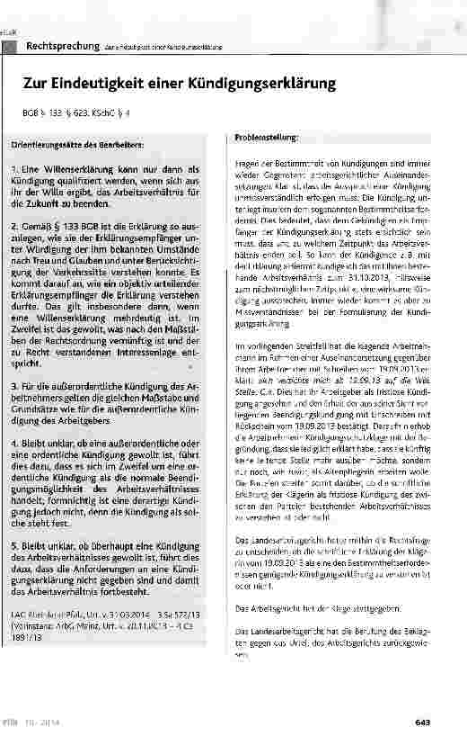 Vorschauseite 1: Zur Eindeutigkeit einer Kündigungserklärung BGB § 133, § 623; KSchG § 4
