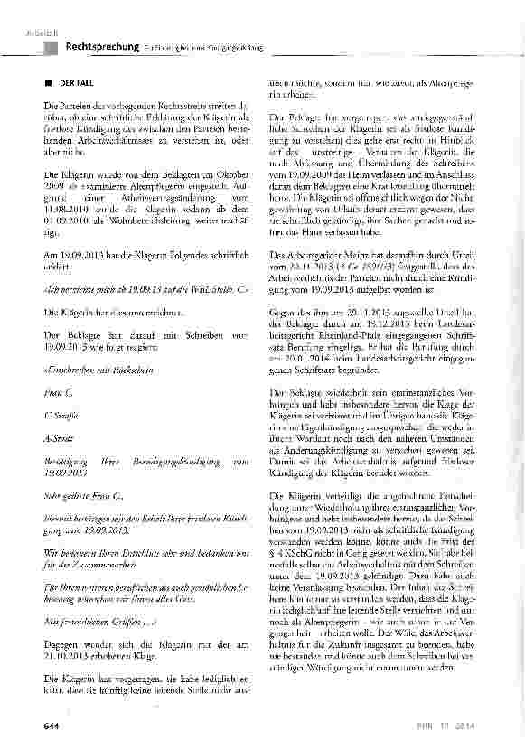 Vorschauseite 2: Zur Eindeutigkeit einer Kündigungserklärung BGB § 133, § 623; KSchG § 4