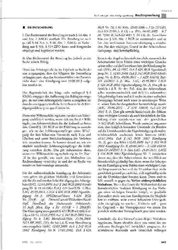 Vorschauseite 3: Zur Eindeutigkeit einer Kündigungserklärung BGB § 133, § 623; KSchG § 4