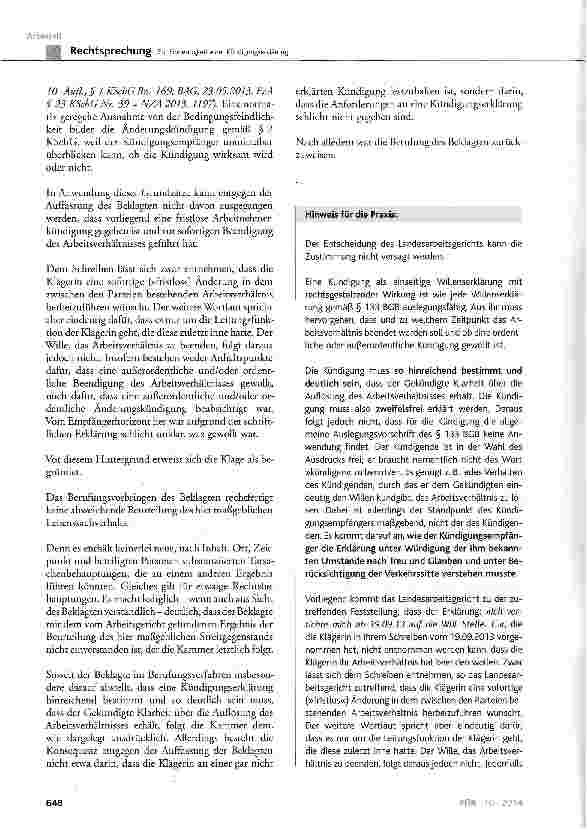 Vorschauseite 6: Zur Eindeutigkeit einer Kündigungserklärung BGB § 133, § 623; KSchG § 4