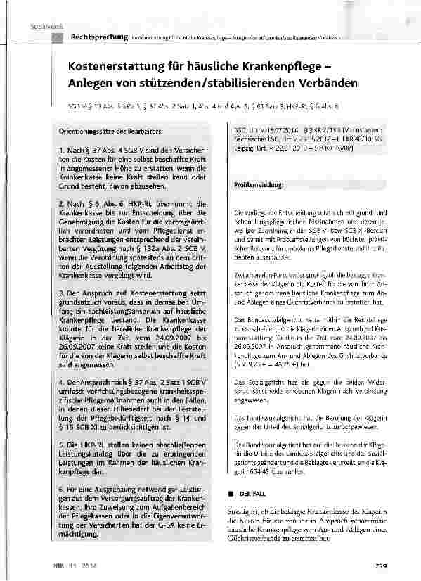 Vorschauseite 1: Kostenerstattung für häusliche Krankenpflege -Anlegen von stützenden/stabilisierenden Verbänden SGB V § 13 Abs. 3 Satz 1, § 37 Abs. 2 Satz 1, Abs. 4 und Abs. 5, § 61 Satz 3; HKP-R…