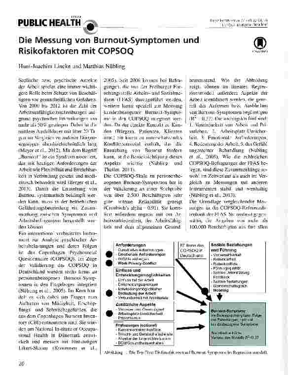Vorschauseite 1: Die Messung von Burnout-Symptomen und Risikofaktoren mit COPSOQ