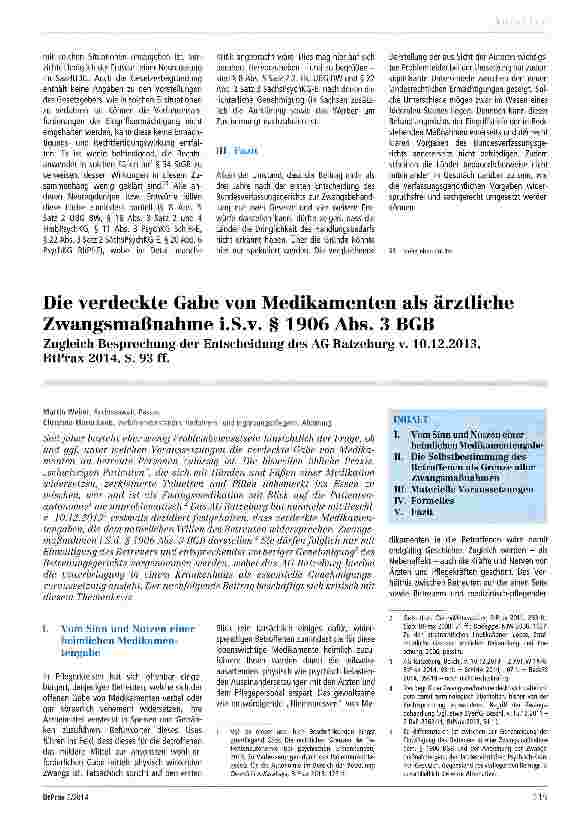 Vorschauseite 1: Die verdeckte Gabe von Medikamenten als ärztliche Zwangsmaßnahme i.S.v. § 1906 Abs. 3 BGBZugleich Besprechung der Entscheidung des AG Ratzeburg v. 10.12.2013, BtPrax 2014, S. 93 f…