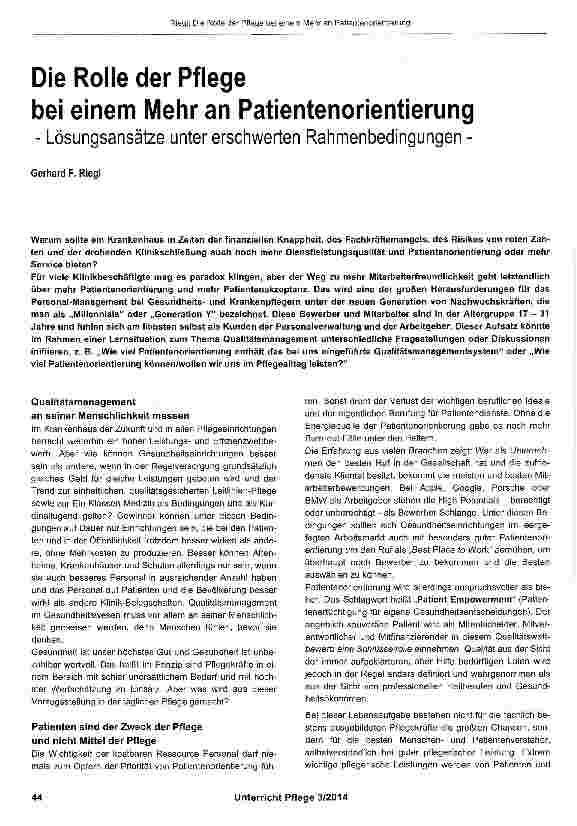 Vorschauseite 1: Die Rolle der Pflege bei einem Mehr an Patientenorientierung