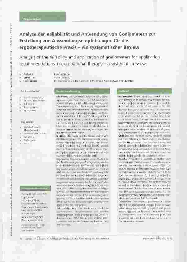 Vorschauseite 1: Analyse der Reliabilität und Anwendung von Goniometern zur Erstellung von Anwendungsempfehlungen für die ergotherapeutische Praxis ein systematischer Review