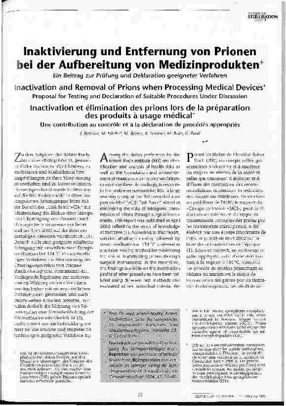 Vorschauseite 1: Inaktivierung und Entfernung von Prionen bei der Aufbereitung von Medizinprodukten Ein Beitrag zur Prüfung und Deklaration geeigneter Verfahren